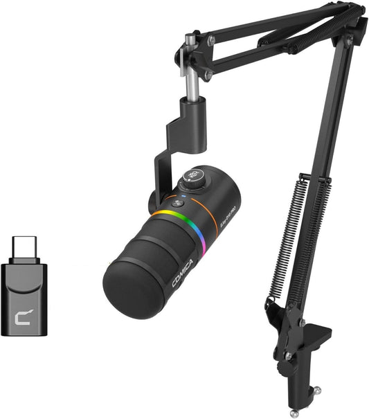 COMICA D10 Pro A Wireless/XLR/USB Dynamic Microphone with Receiver Boom Arm Stand- Dual Channel Cardioid Mic, 45H Battery, RGB Lights, CalMix Denoise for Gaming/Streaming/PD(PC, PS4/5, Mac,Phone)Black