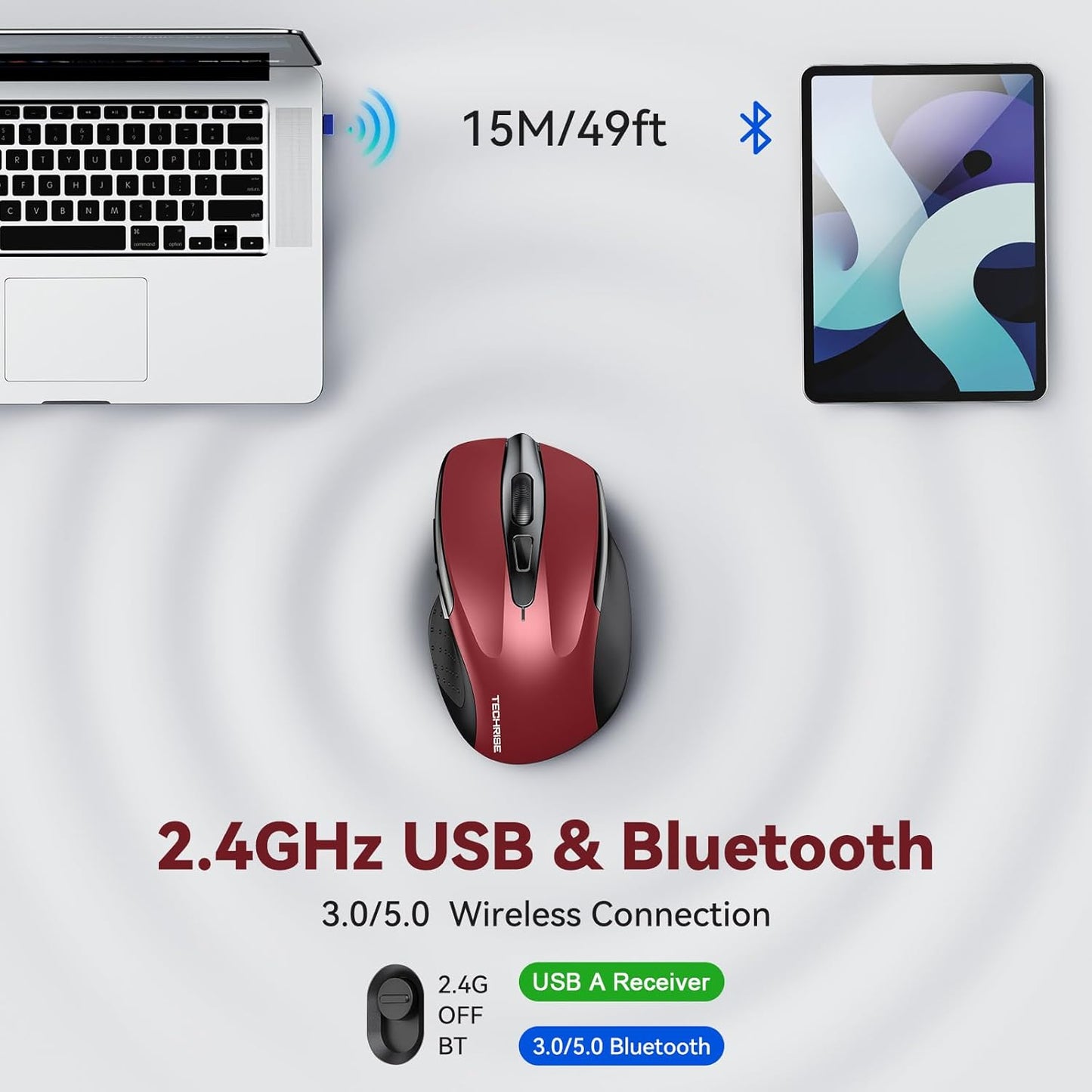 Bluetooth Mouse (BT5.0/3.0 & 2.4G) Rechargeable Wireless Mouse, 4800 DPI Optical Tracking, 6 Adjustable DPI, 2.4GHz with USB A Receiver, Quiet Clicks, Ergonomic Grips, 6 Buttons - Red