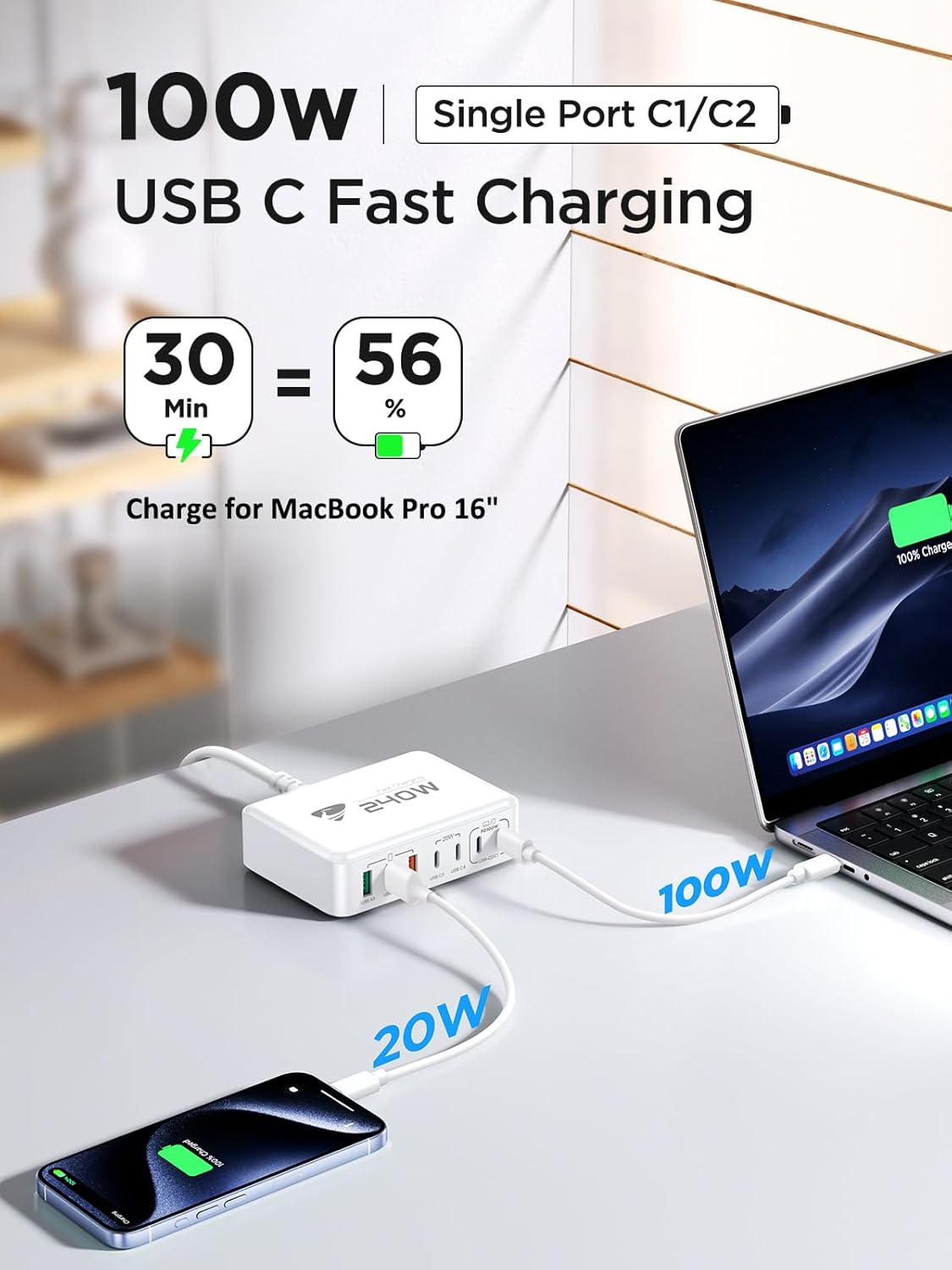 240W USB C Charging Station, 7-Port GaN USB C Charger Block, 100W Laptop USB C Fast Charger Compact 100W Laptop Charger Hub Wall Charger Adapter for MacBook Pro/Air,iPhone 16/15/14/13,Samsung S24