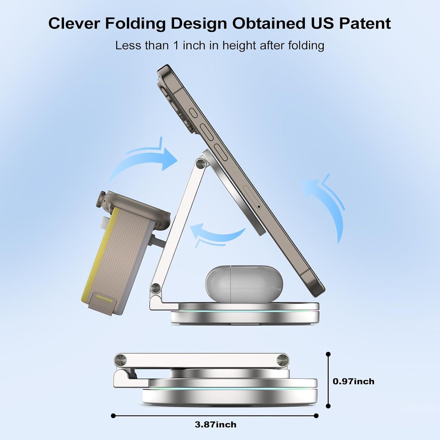 Foldable 360º Rotatable Zinc Alloy 3-in-1 Magnetic Wireless Charger,3 in 1 Charging Station,Charging Stand,15W for iPhone 12-16,for Apple Smartwatches, AirPods (Adapter Included) (White)