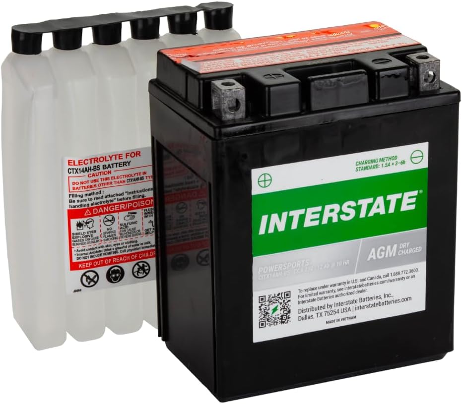 Interstate Batteries YTX14AH-BS 12V 12Ah Powersports Battery 210CCA High-Performance AGM Rechargeable Replacement for Kawasaki, Polaris, Yamaha ATVs, UTVs, Snowmobiles, Motorcycles (CITX14AH-BS)