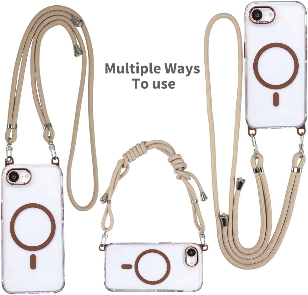 for iPhone 16e Case with Adjustable Phone Lanyard Strap, Compatible with MagSafe, Shockproof Military-Grade Protection, Magnetic Phone Case, Classic Clear Brown Hybrid Case, Yellowing Resistant