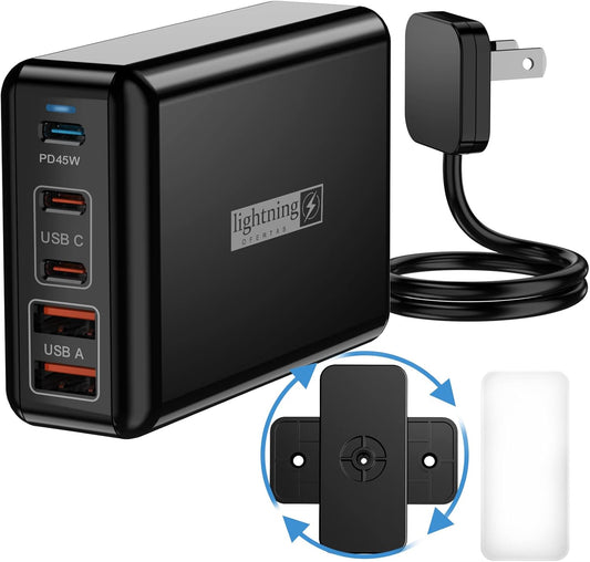 Fast Charger USB C 100W, 5 Ports Charging Blocks Ultra Thin Flat Plug, USB Charging Hub with 360° Rotated Adhesive Punch-Free Holder, Charging Station for Laptops, Tablets, Cellphones Stuff