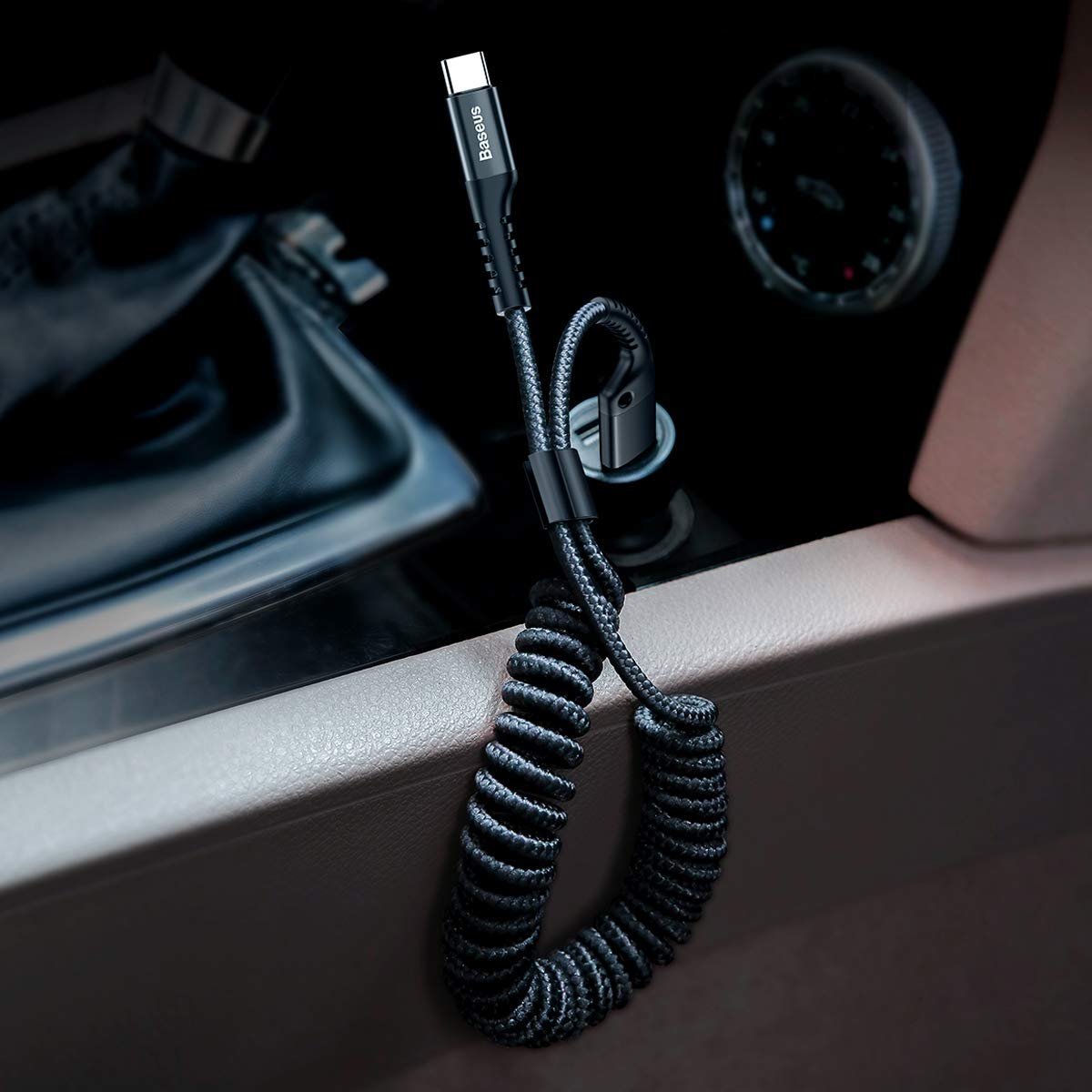 Baseus USB Type C Cable for Car, Retractable Cable(3FT) Curly USB A to USB-C Fast Charger Cord Compatible Samsung Galaxy S10 S9 S8 Plus Note 9 8, Moto Z, LG5/G6/V20, USB C Devices (Black)