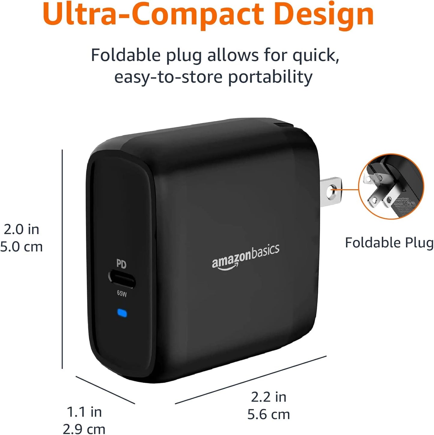 Amazon Basics 65W One-Port GaN USB-C Wall Charger with Power Delivery PD, Foldable Plug, for Laptops, Tablets & Phones, Black