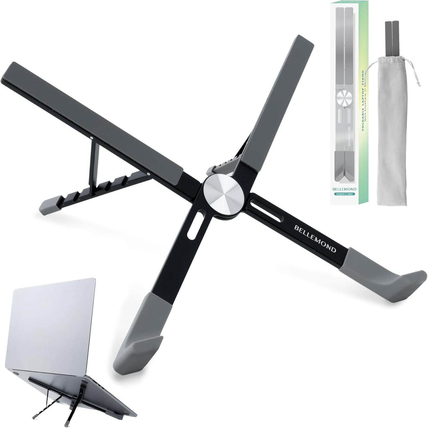 BELLEMOND | X-Shape Laptop Stand – Adjustable Aluminum Riser, 5 Height Levels, Lightweight & Foldable, Ventilated, for Laptops and Tablets up to 17.3" | Midnight Black