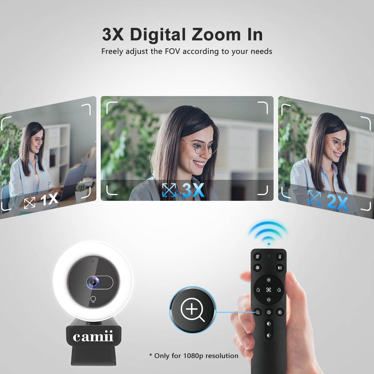 4K Webcam with Light, HD Webcam for PC with Remote Control, Built-in Privacy Cover, Adjustable Brightness, Noise Reduction Mics, for Zoom Skype Teams Laptop and Google Meet