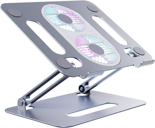 Adjustable Laptop Stand with Cooling Fan, Aluminium Alloy Multi-Angle Computer Holder for Desk, Portable Notebook Metal Mount All Laptops 11"-17.3"-Grey