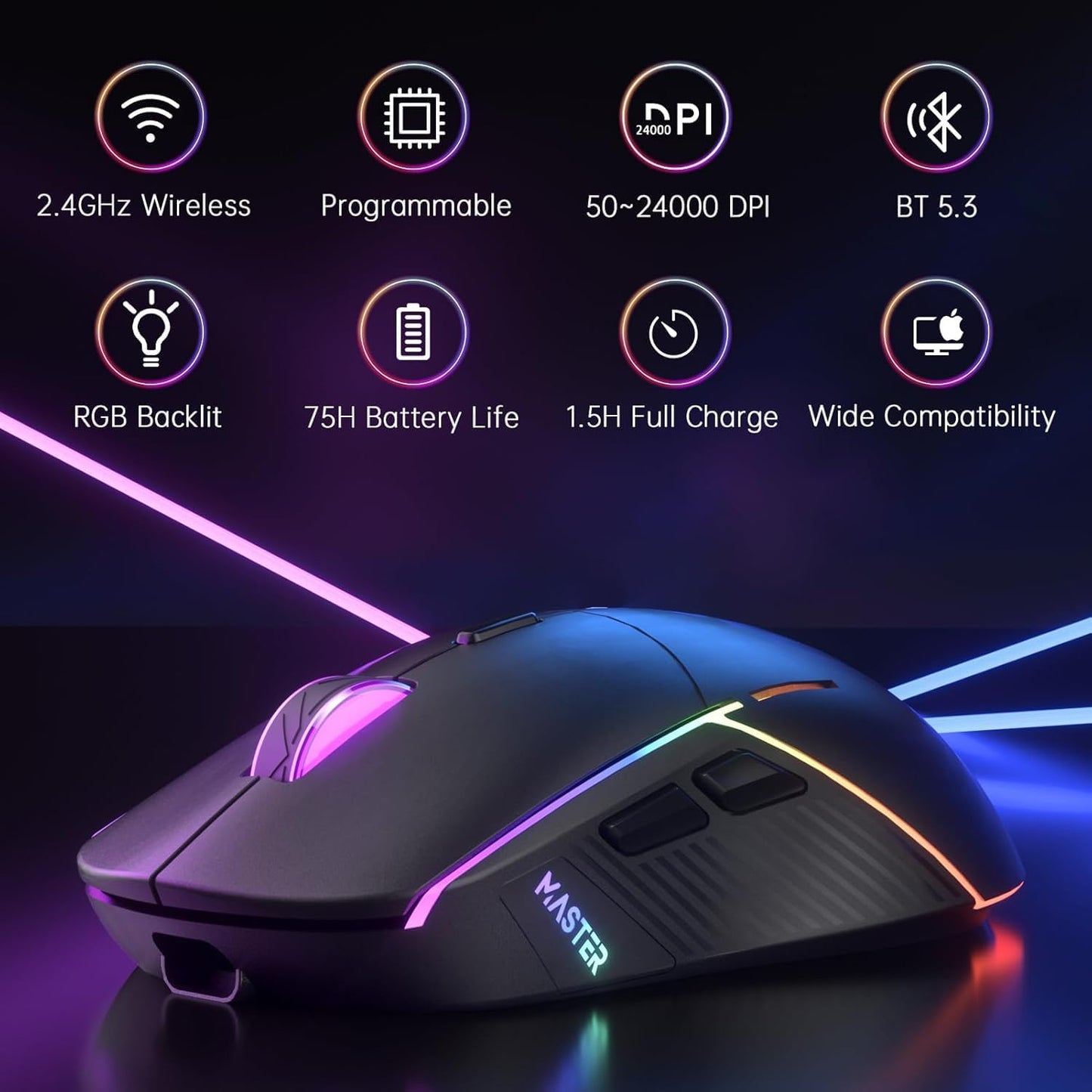 FFJ Wireless Gaming Mouse, 24000 DPI, Tri-Mode 2.4G/USB-C/Bluetooth 5.3 Gaming Mouse Wireless, RGB Programmable Mouse Gamer, 75Hrs Battery Life, Rechargeable Gaming Mice for PC, Mac, Xbox - Black