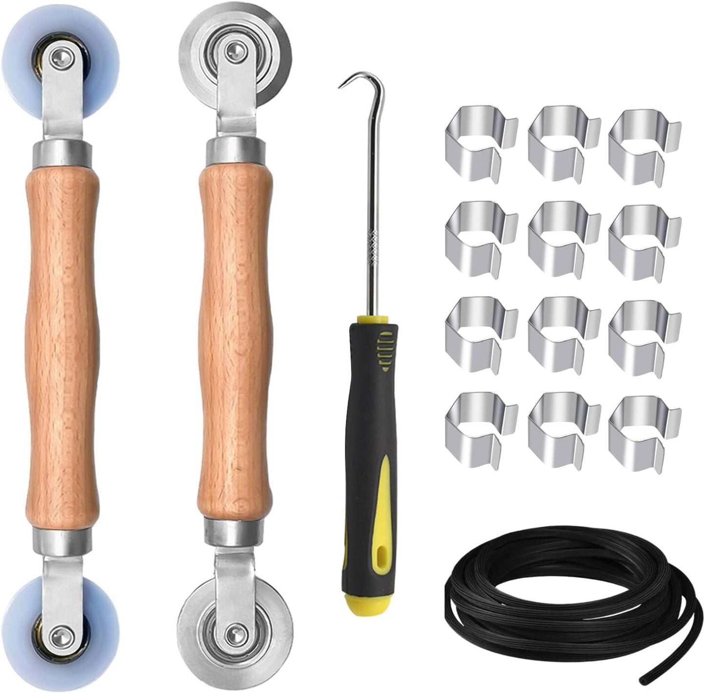 BAYTORY Upgrade Window Screen Repair Kit, Steel/Nylon Roller Tool with Bearing, Spline Removal Hook, 32ft Retainer Spline and 12pcs Screen Clips Replacement for Installing Door Mesh Screens