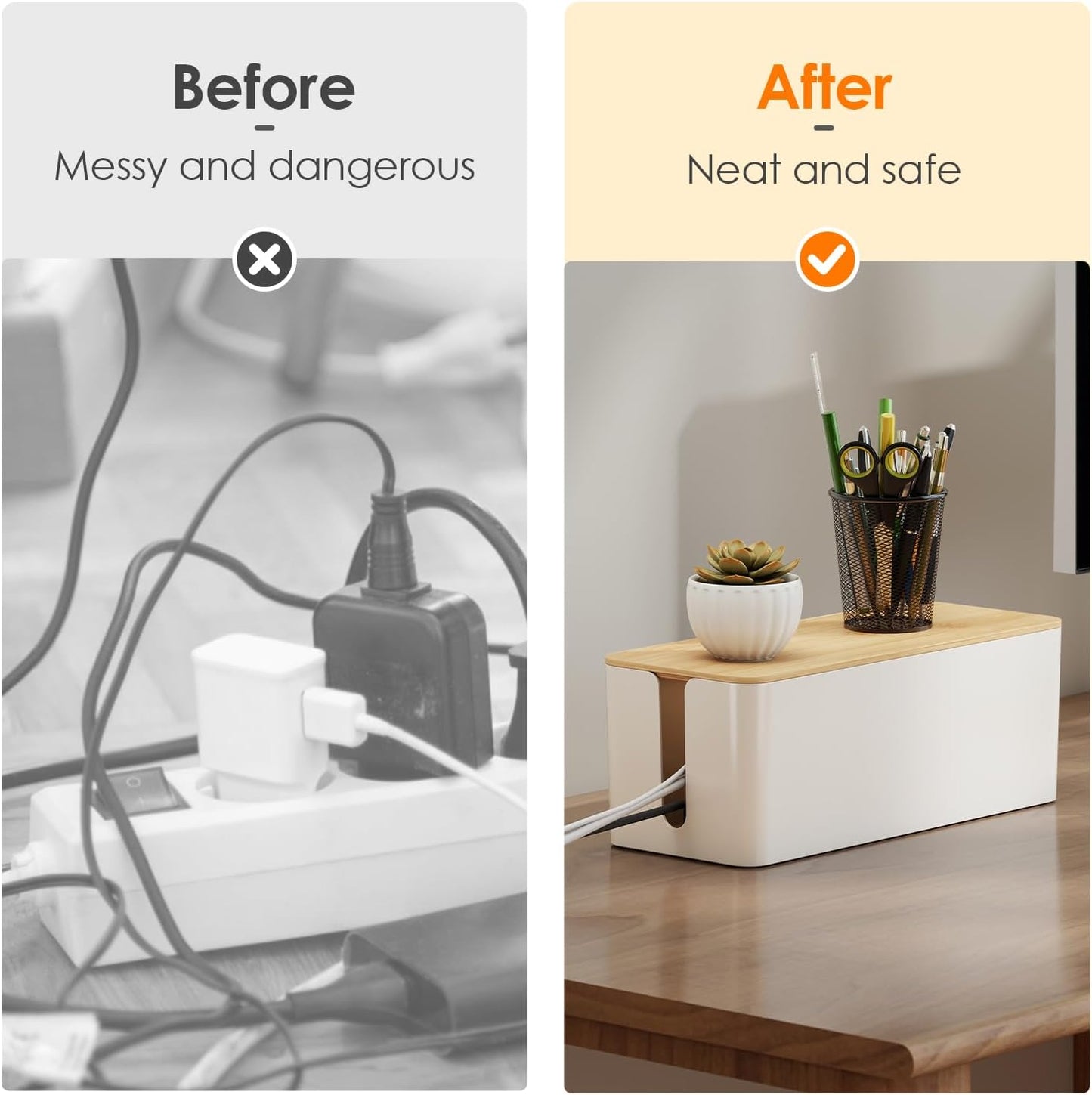 DELAMU 2 Pack Cable Management Box, Safe ABS Wood Grain Desk Medium and Small Cord Organizer, Baby Pet Proof Lock Cord Box Hider for USB Hub TV Wires Computer Desks and Power Strips