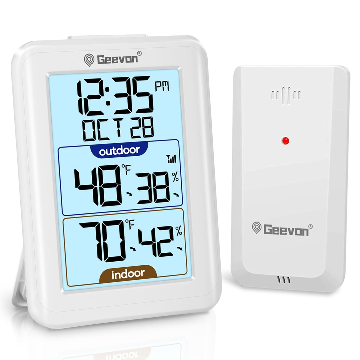 Geevon Digital Hygrometer Indoor Outdoor Thermometer Wireless with Clock, Backlight Temperature Gauge Humidity Monitor, Inside Outside Thermometer with 200ft/60m Range Remote Sensor,White