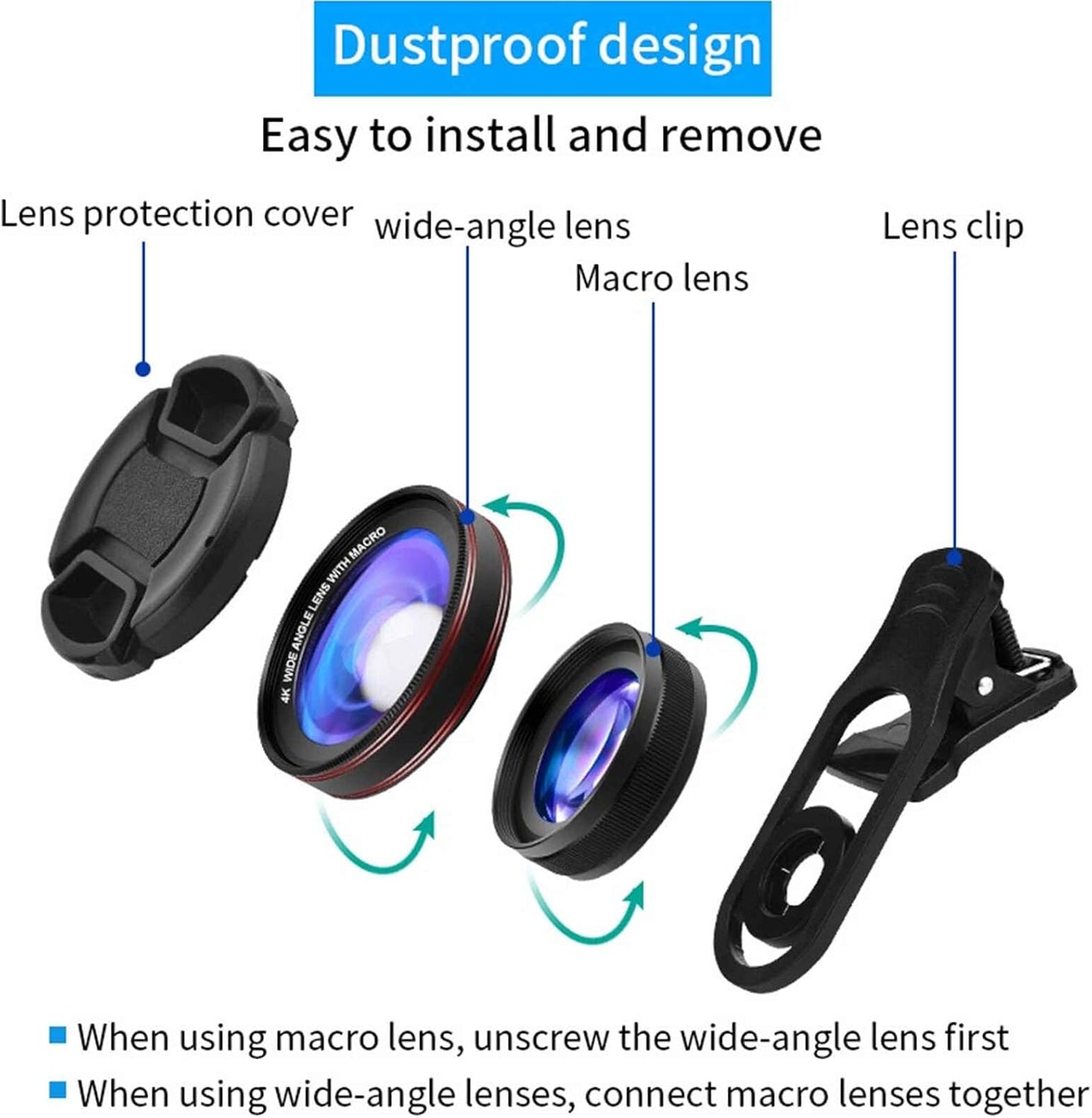 4K HD 0.45X Wide Angle Lens + 15X Macro Lens for iPhone Samsung - with Mini Selfie Ring Light, Quick Clip, Release Strap, Cleaning Cloth & Travel Case - Universal Phone Camera Lens Kit for Photography