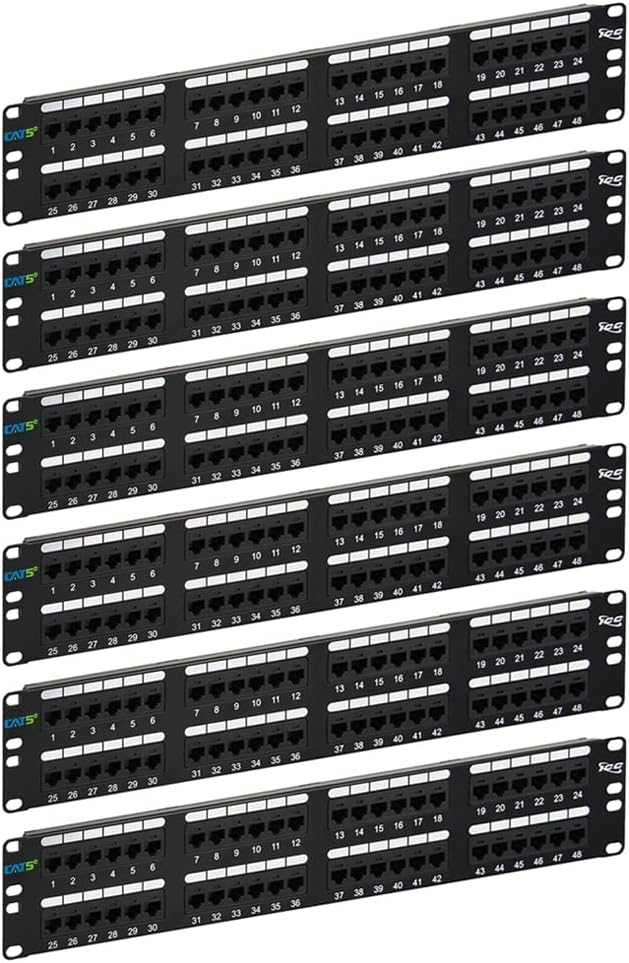 ICC CAT5e Patch Panel, UL Listed & PoE++ Rated Gigabit Applications, Rackmount 48 Port 2U 19-Inch Network Patch Panel with Rear 110 IDC Terminal Blocks for Gigabit Network Switch, Black, Pack of 6