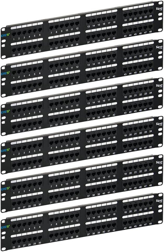 ICC CAT5e Patch Panel, UL Listed & PoE++ Rated Gigabit Applications, Rackmount 48 Port 2U 19-Inch Network Patch Panel with Rear 110 IDC Terminal Blocks for Gigabit Network Switch, Black, Pack of 6