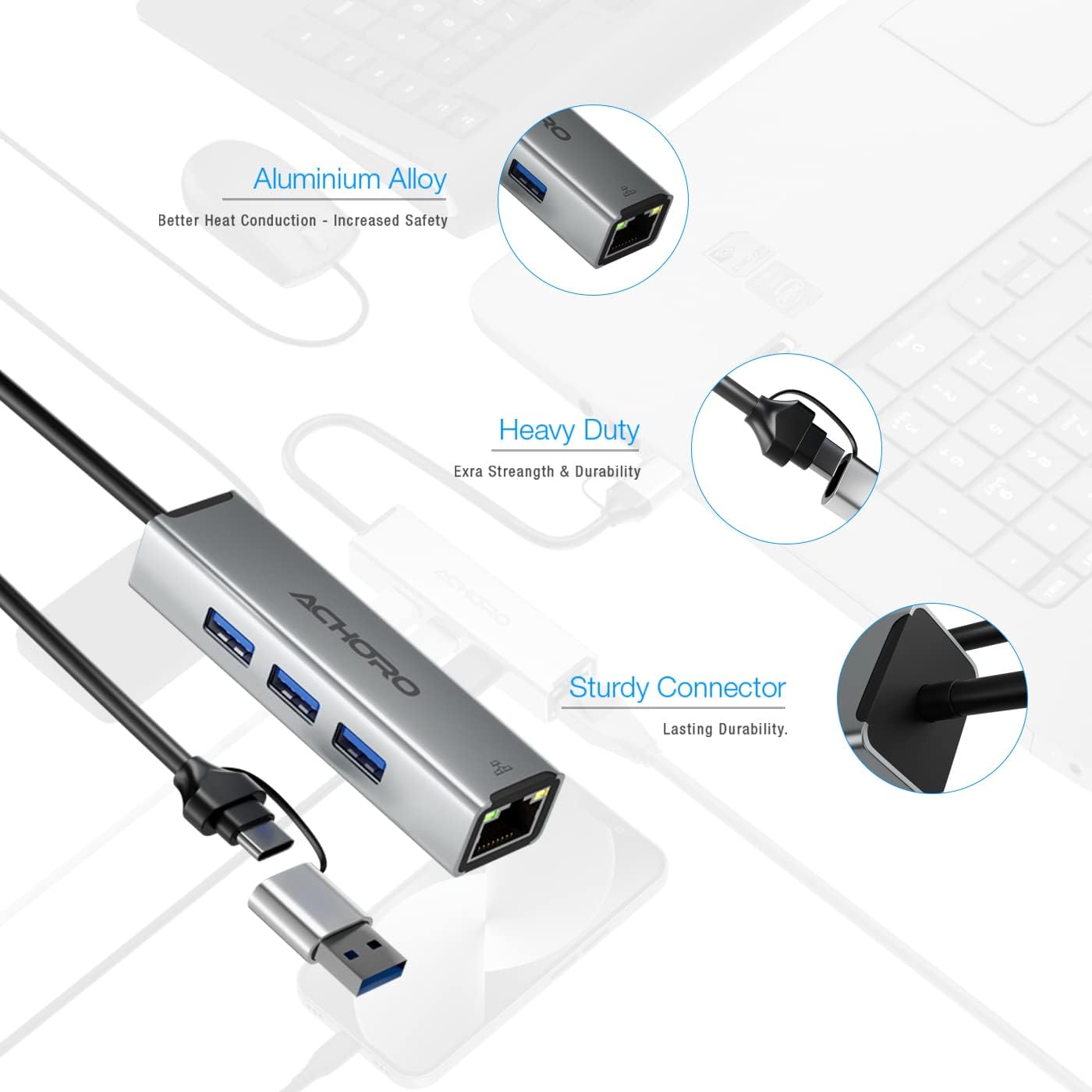 ACHORO USB Port Expender with LAN - Built in USB A & USB C to USB Port Ethernet Port Adapter - Multiple USB Port for PC, Mac - Aluminium Alloy Extra 3 USB Ports with RJ45 USB Hub (LAN & USB Ports)