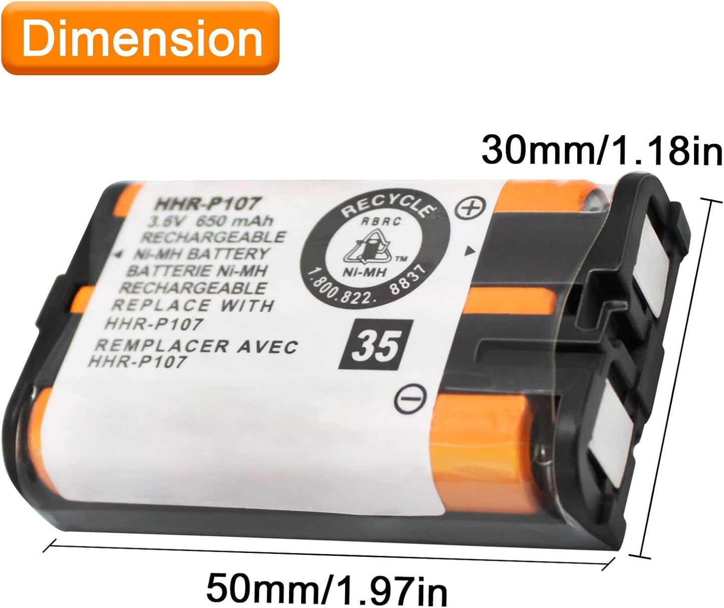 4Pack HHR-P107 NI-MH Rechargeable Battery 3.6V 650mAh for Cordless Phones