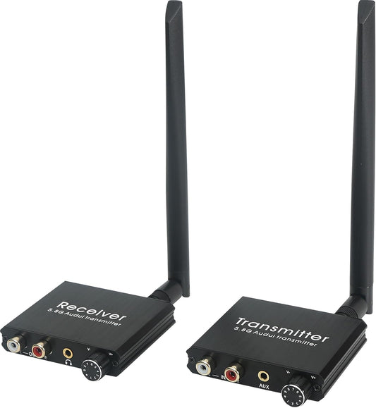 5.8GHz Wireless Audio Transmitter Receiver,164Ft/50M Long Range 18ms Low Latency, RCA / 3.5mm AUX Input/Output with Volume Adjustment Knob, Used for TV/PC/CD/Power Speaker/Soundbar/Headphones