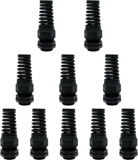LeMotech 10Pcs NPT 3/8" IP68 Waterproof Cable Gland Flex Spiral Strain Relief Black Nylon Joint with Gaskets for 5-10mm Wire Thread