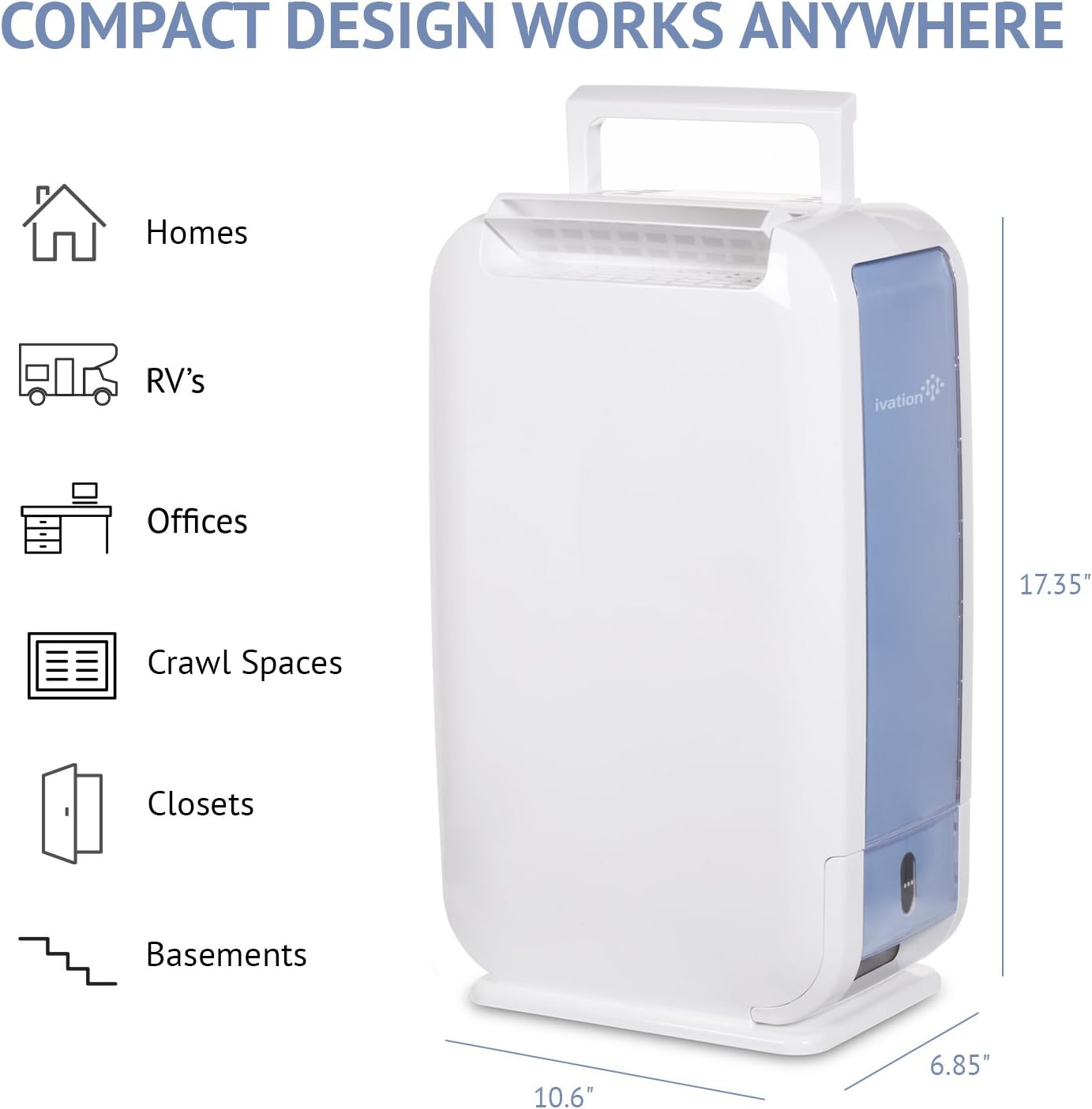 Ivation 13-Pint Small-Area Desiccant Dehumidifier Compact and Quiet - With Continuous Drain Hose for Smaller Spaces, Bathroom, Attic, Crawlspace and Closets - For Spaces Up To 270 Sq Ft, White