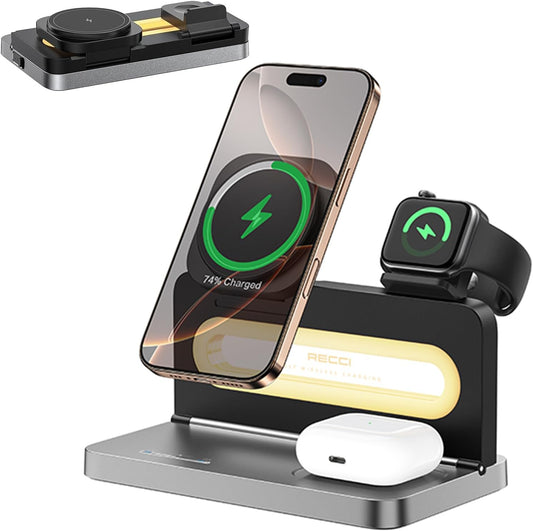 4-in-1 Wireless Charger with Adjustable Night Light, Magnetic Foldable Stand for iPhone 12-16/Apple Watch/AirPods, 15W Fast Charging Bedside Dock - Multi-Device Compatible