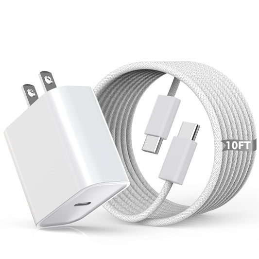 10FT Woven Cable for Apple 16 15, 60W 10Foot USB C to Type C Braided Charger Cable Cord & 20W USB C Charger Block Cube Travel Plug Super Quick Charging for iPhone 16 15/16 15 Plus/Pro/Pro Max,iPad Pro