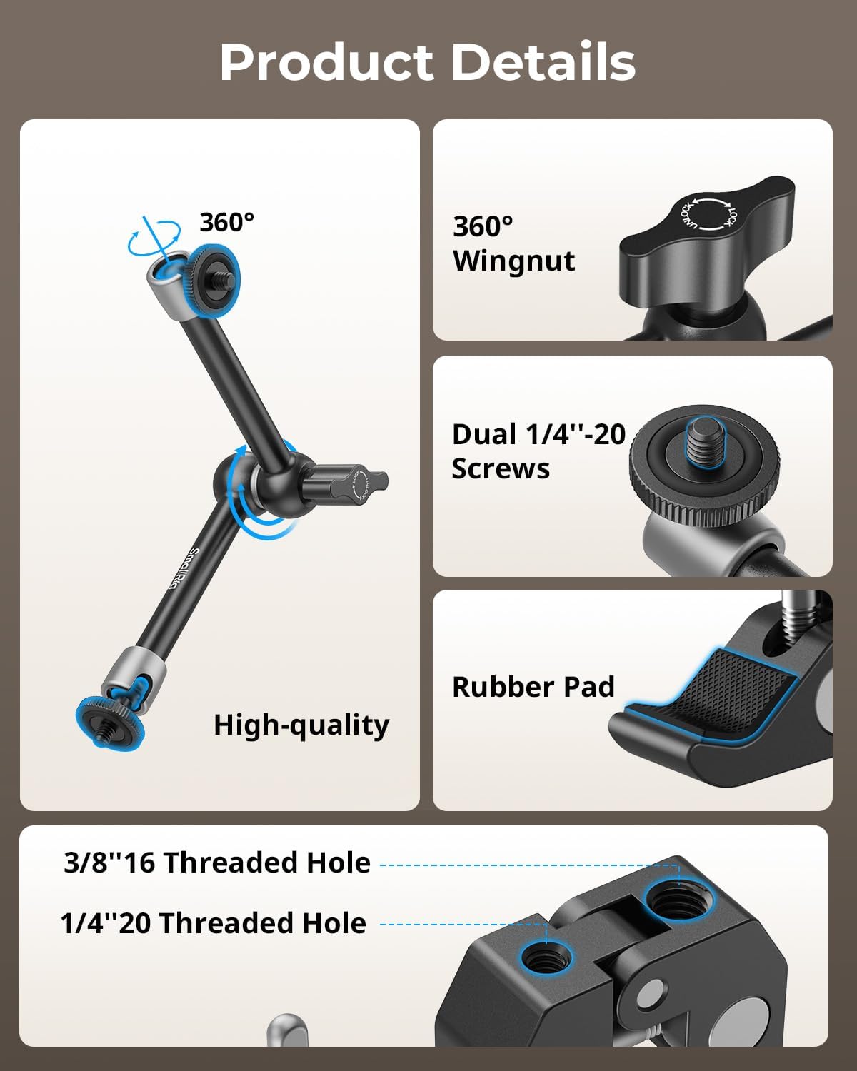 SMALLRIG Clamp w/ 1/4" and 3/8" Thread and 9.8 Inches Adjustable Friction Power Articulating Magic Arm with 1/4" Thread Screw for LCD Monitor/LED Lights - KBUM2732B
