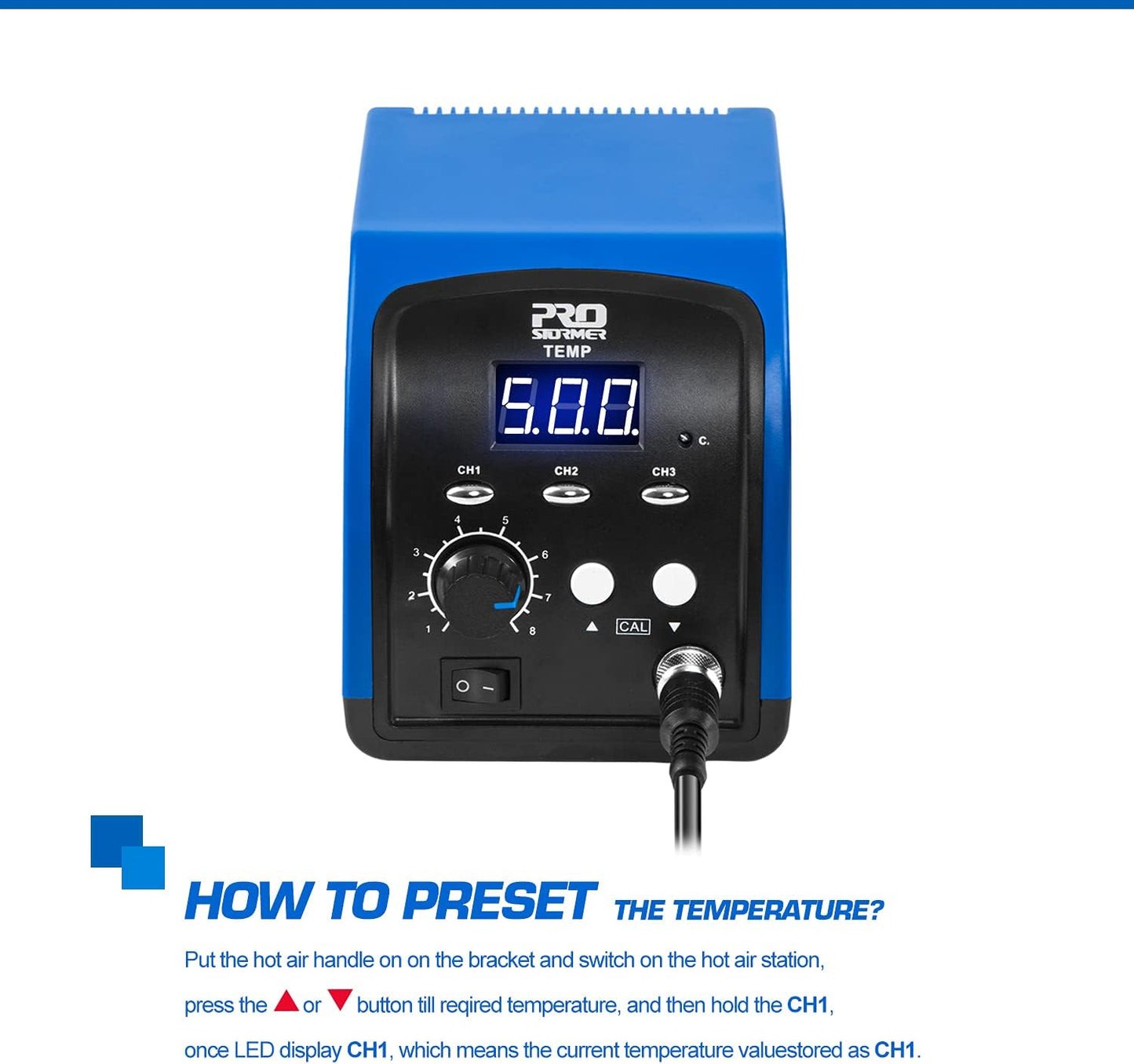 Hot Air Rework Station, Prostormer 120V Digital Display Heat Gun with 3 Sets Stored Temperature and Sleep Mode, Airflow Efficiency, Accurate Temp 100~500 ℃ (212~932°F) for Electronics Repairing