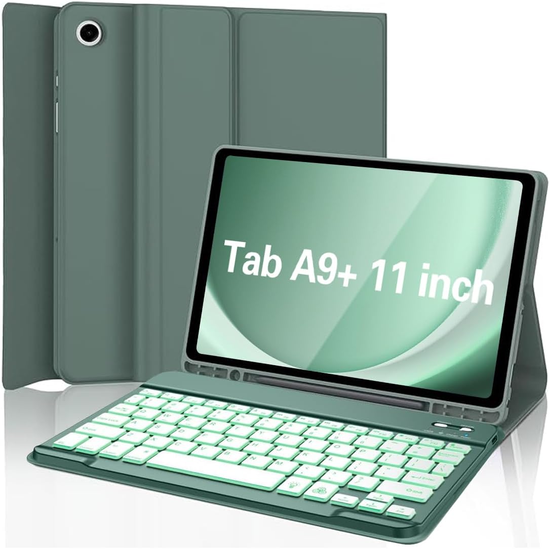 Galaxy Tab A9 Plus Case with Keyboard 5G 11 Inch 2023 (SM-X210/X216/X218), 7 Color Backlit Detachable Tablet Keyboard Cover with S Pen Holder for Samsung Galaxy Tab A9+ 11" (Dark Green)