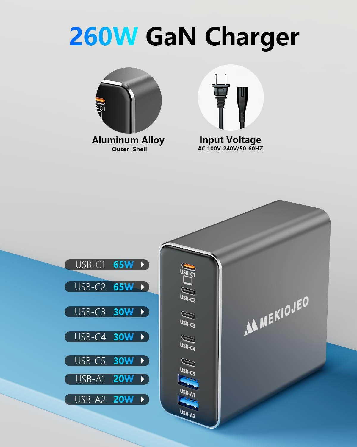 Aluminum Alloy 260W USB C Charger GaN Fast USB C Charging Station 7 Ports 65W Laptop Charger for MacBook Pro/Air/iPad Pro/iPhone (Gray)