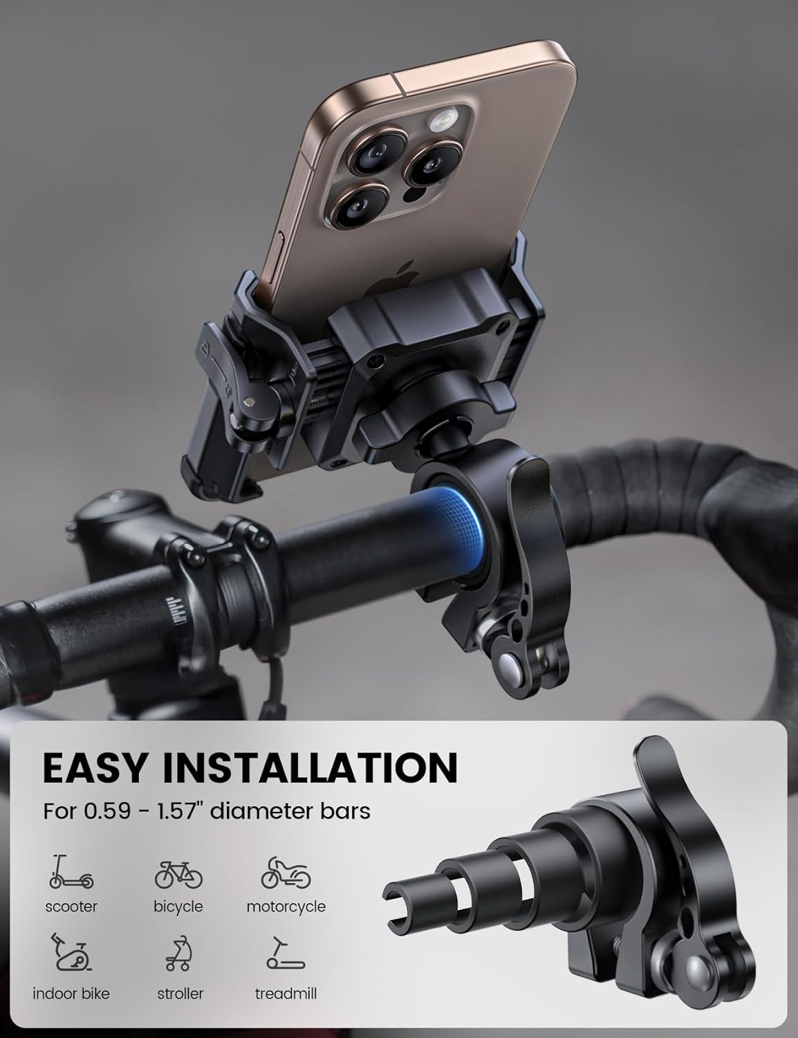 Lamicall Motorcycle Bike Phone Mount - [No Block Camera] [1s Lock] Bike Cell Phone Holder Clamp, Bicycle Scooter Handlebar Clip, for iPhone 16 15 14 Pro Max, Galaxy S25 S24 Ultra, 4.7-7" Phones