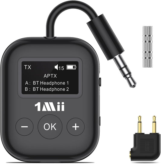 Airplane Bluetooth 5.3 Transmitter for All Headphones - Bluetooth Adapter for TV - Dual Connection - aptX Low Latency - Flying Travel,Long Flight Essentials - Wireless Audio Aux for MP3,Game,PC-Black