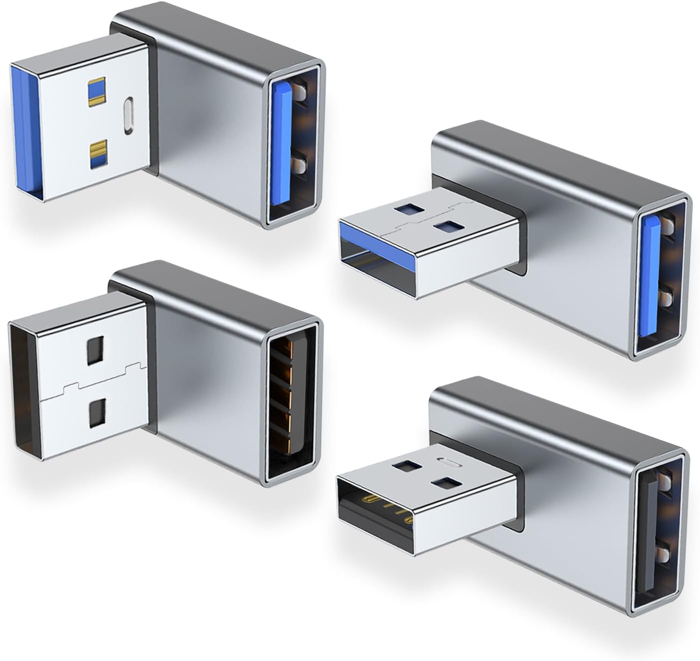 AreMe 90 Degree USB 3.0 Adapter 4 Pack, Up and Down Angle, Left and Right Angle USB A Male to Female Converter Extender for PC, Laptop, USB A Charger, Power Bank and More (Grey)