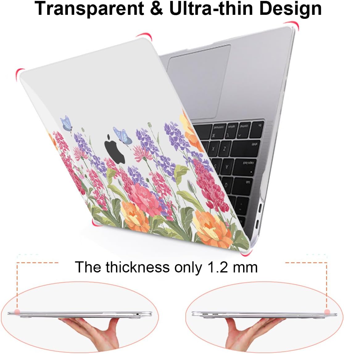 for MacBook Air 13 inch M1 Case 2021 2020 2019 2018 (Model M1 A2337 A2179 A1932) with Touch ID & Retina Display, Printed Pattern Hard Shell Case Keyboard Cover, Pink & Purple Flowers