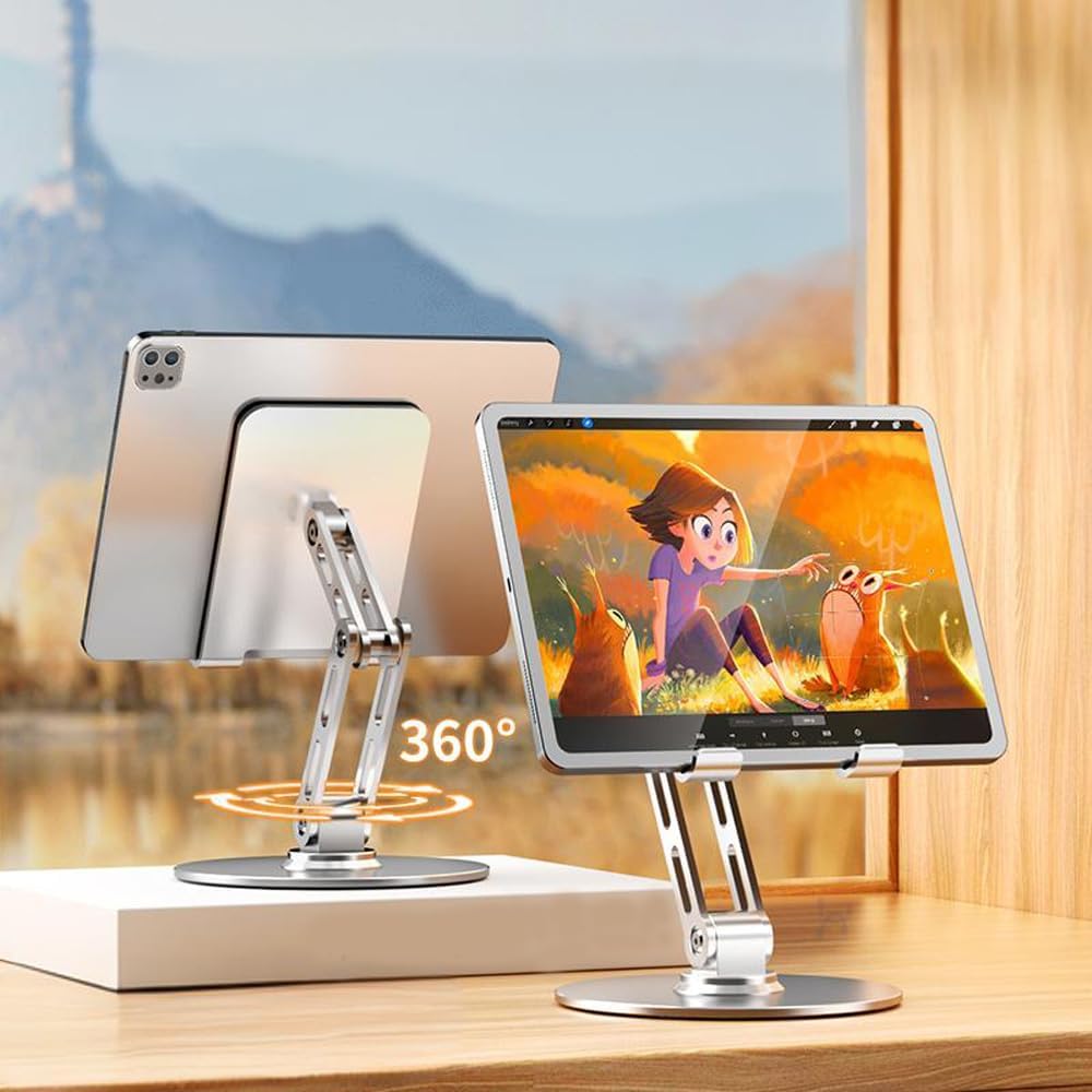 Adjustable Tablet Stand for Desk,for ipad Stand,for 4.7-12.9 Inch Devices,360° Rotating Aluminum Alloy,Silver Compatible with ipad Tablet Kindle TAB Surface Cell Phone Stand Holder for Desk