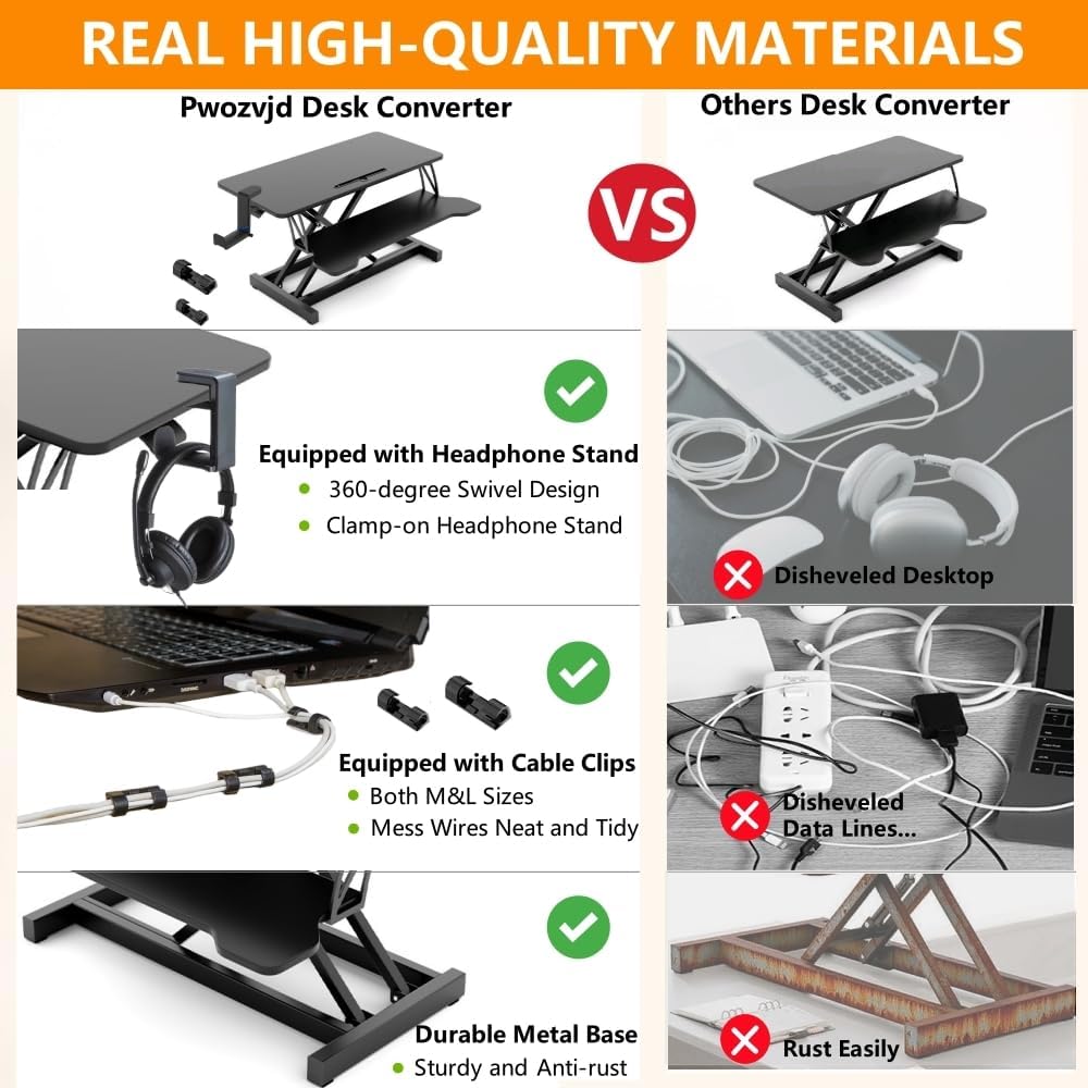 37-inch Standing Desk Converter,Height Adjustable Sit to Stand Up Workstation Riser, Dual Monitor and Laptop Riser with Wide Keyboard Tray, Headphone Stand,Cable Clips,for Home Office, Black