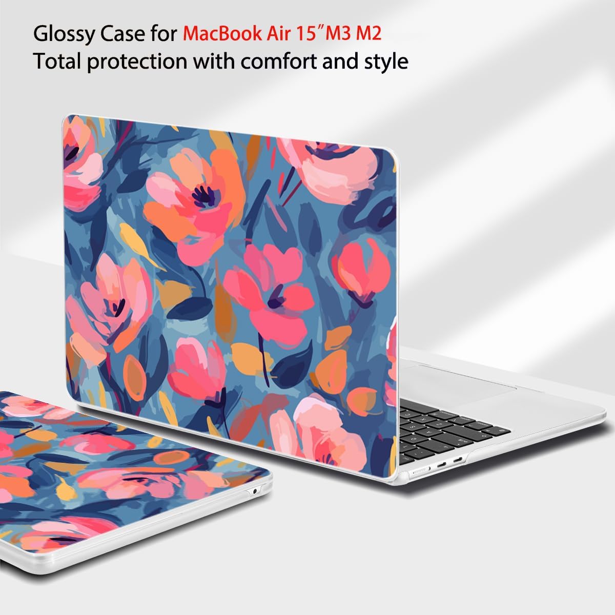 Teryeefi Compatible with M3 M4 M2 MacBook Air 15 inch Case 2025 2024 2023 Release A3241 A3114 A2941, Hard Shell Cover & Keyboard Cover & Screen Protector & OTG Adapter - W-Abstract Pink Flower