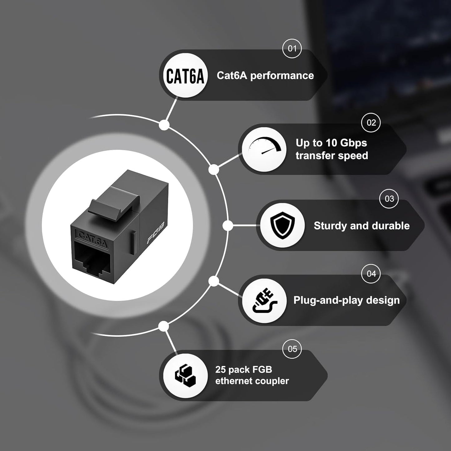 FGB 10 Gbps CAT6A RJ45 Keystone Coupler 25-Pack, CAT6A Keystone Jack, Ethernet Coupler Female to Female UTP for Cat6a/Cat6/Cat5e/Cat5, Black