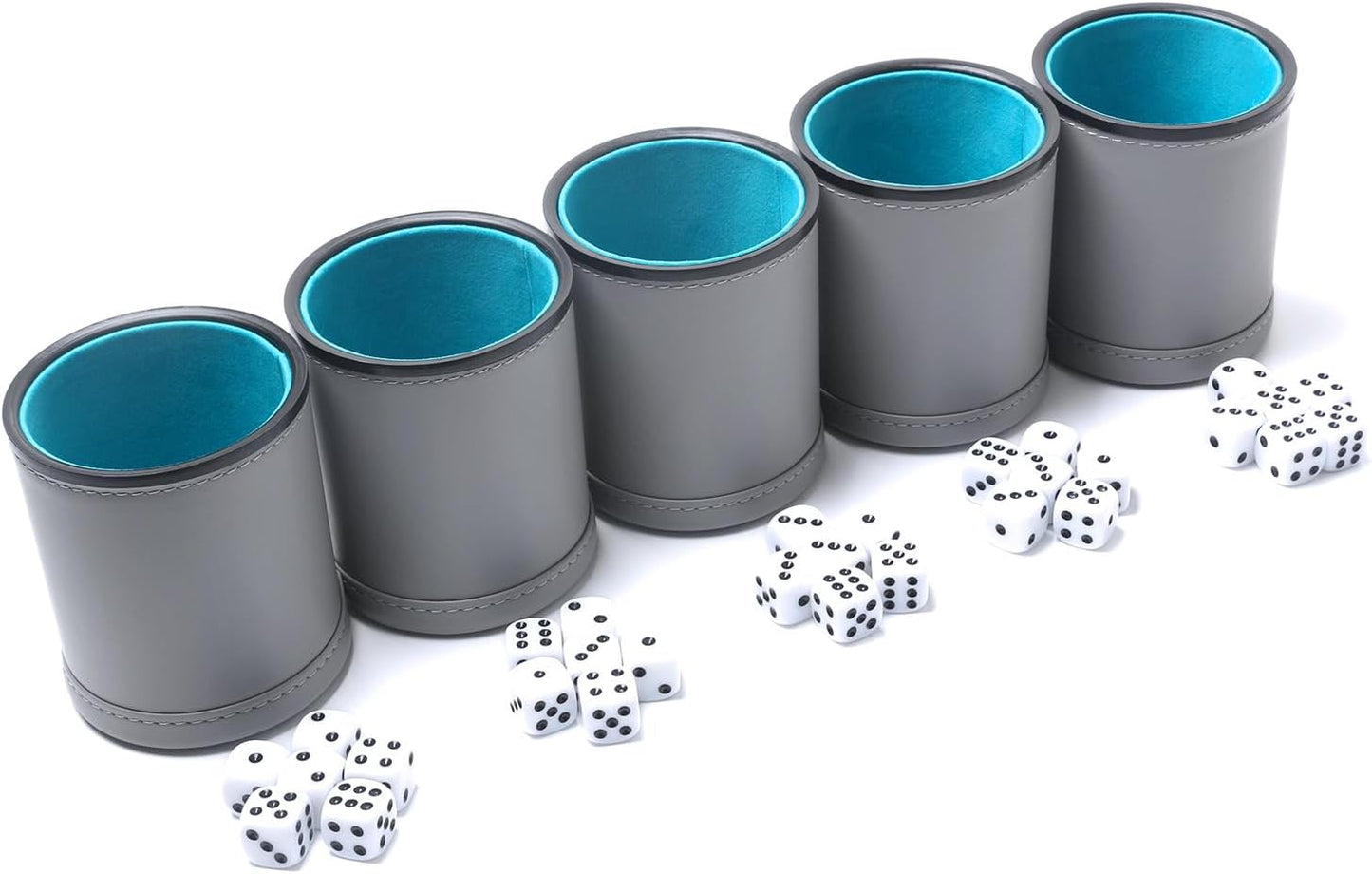 5 Pack PU Leather Dice Cups Felt Lining Quiet Shaker with 30 Dot Dice for Bar Party Yahtzee Farkle Dice Games, Grey