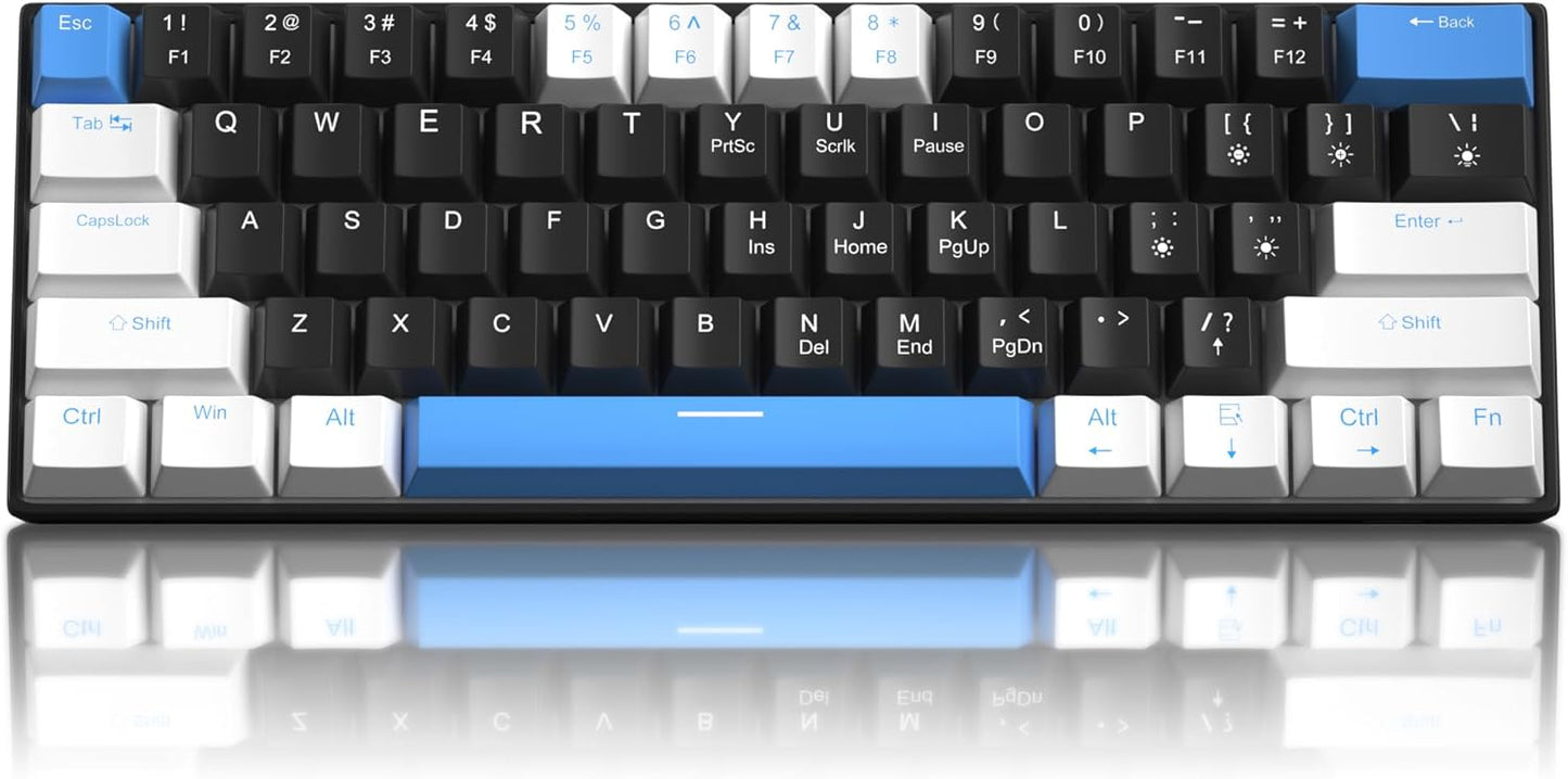 60% Mechanical Gaming Keyboard,White Black Blue Keycaps Gaming Keyboard with Linear Red Switch, Detachable Type-C Cable Mini Keyboard with Blue LED Light for Windows/Mac/PC/Laptop