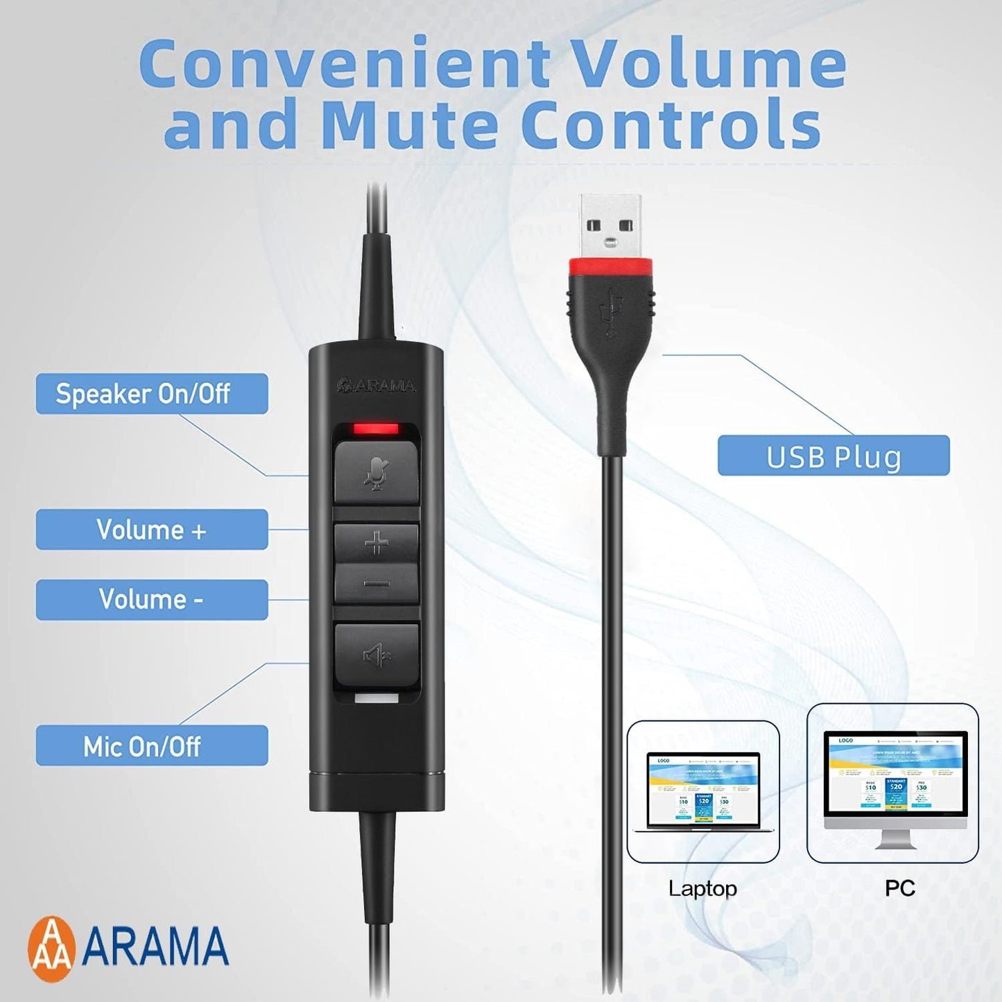 Arama USB Headset with Microphone for PC, Computer Laptop Headphones with Noise Cancelling Mic & Audio Controls for Home Office Business Skype UC Webinar Zoom