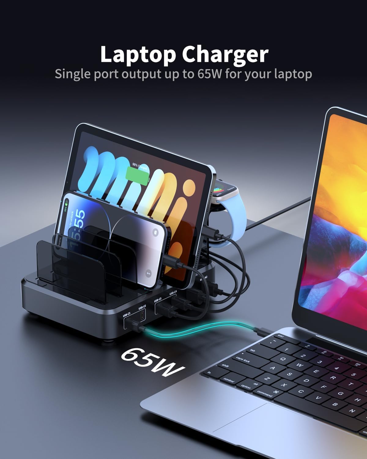 120W USB C Charging Station: 4C2A Port Output Max 65W Fast Charger for MacBook Air Apple iPhone iPad Tablet and Samsung Android Devices (Black)