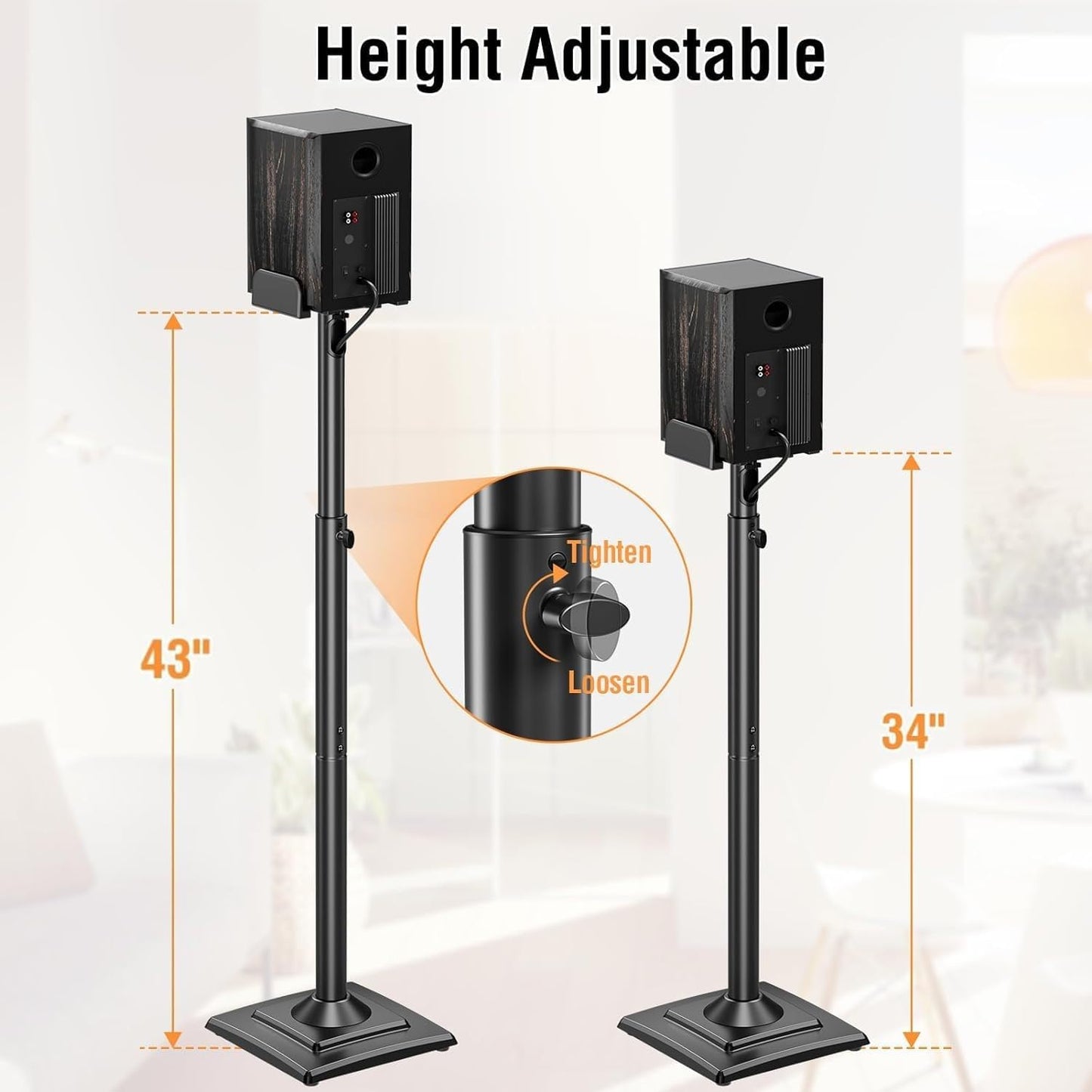 ELIVED Universal Speaker Stands Pair Height Adjustable Max 43.3", Surround Sound Speaker Stands for Bookshelf Speaker Satellite Rear Speakers Up to 11 lbs, Spring-Loaded Plate Extends to 10", YD5028
