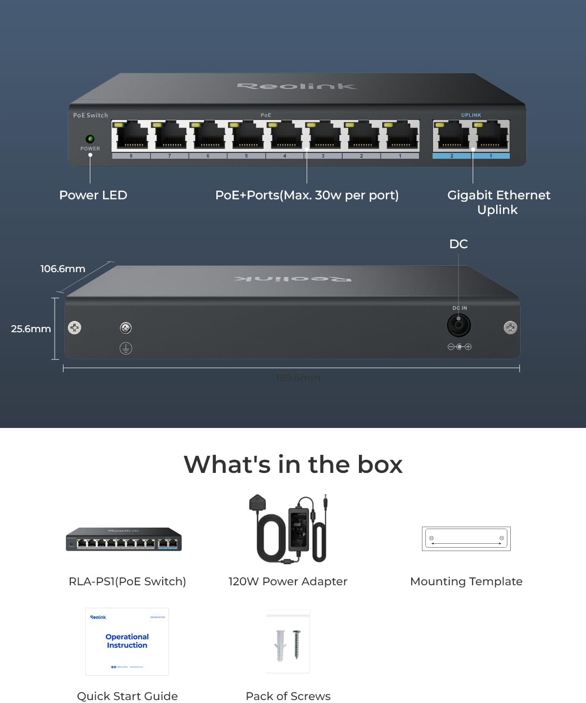 REOLINK PoE Switch with 8 PoE and 2 Gigabit Uplink Ports, Ideal for REOLINK RLN36 NVR and Power Over Ethernet IP Cameras, IEEE802.3af/at, Metal Casing, Desktop/Wall Mount, RLA-PS1