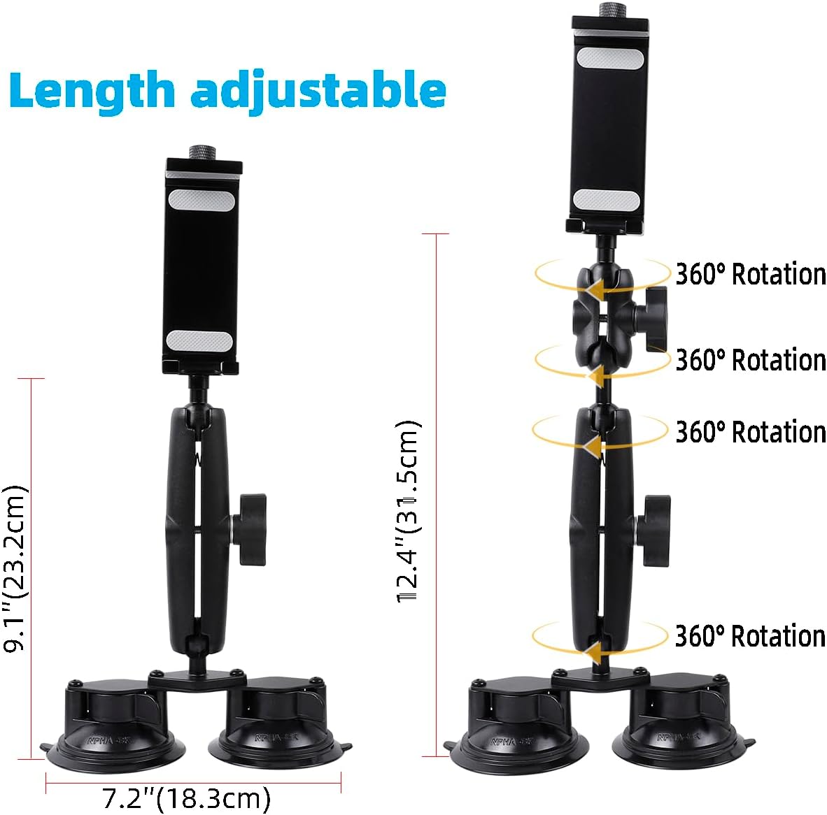 Aluminum Tablet Holder for All iPad, 360° adjustable Secure Double Suction Cup Mount for Car Truck Windshield,Sunroof, Compatible with iPad Pro 12.9 Mini Air, Galaxy Tabs and 4.7-15" Tablets