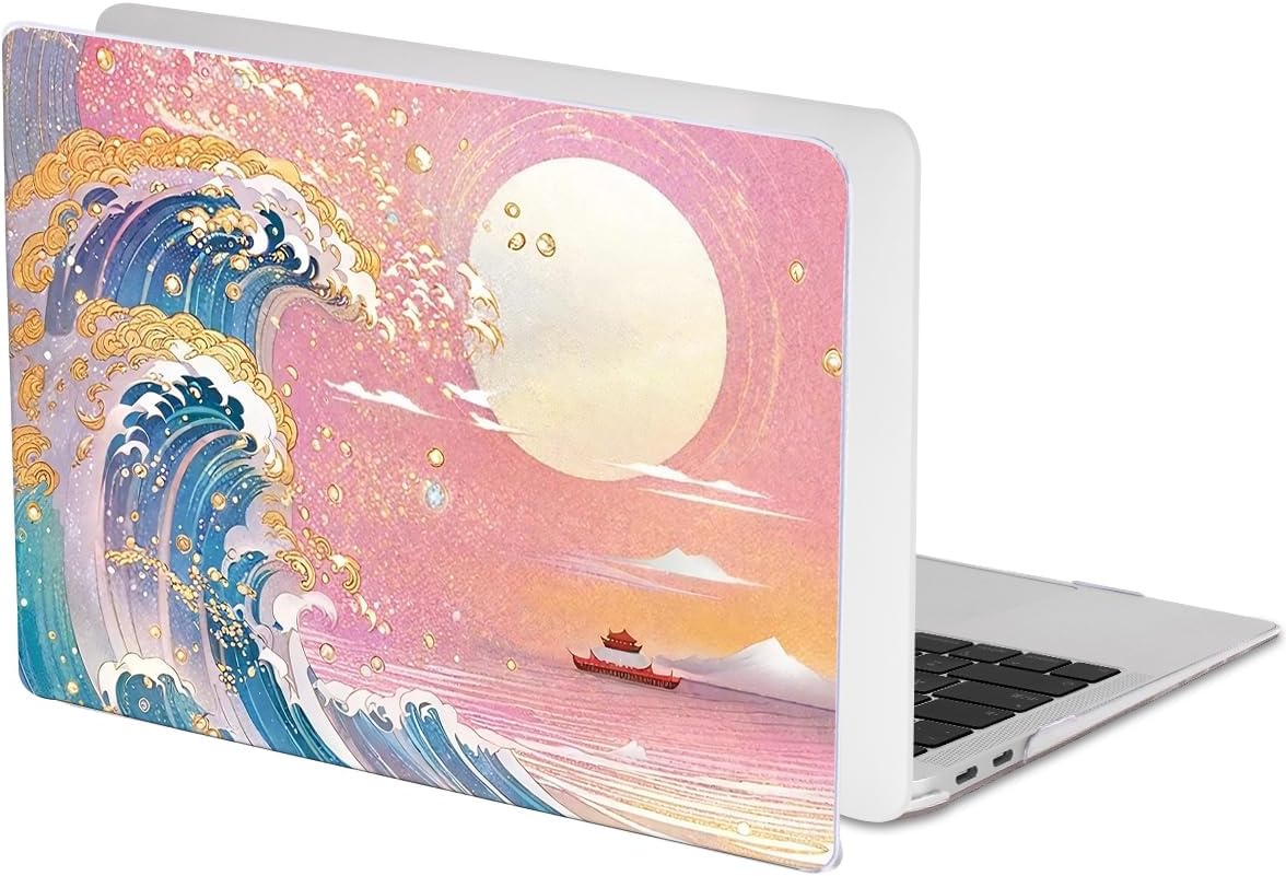 Compatible with 2018 2019 2020 2021 MacBook Air 13 inch Case M1 A2337 A2179 A1932, Clear Printed Pattern Hard Shell Case & Keyboard Cover for Mac Air 13 M1 Touch ID, Sunset Glow Waves