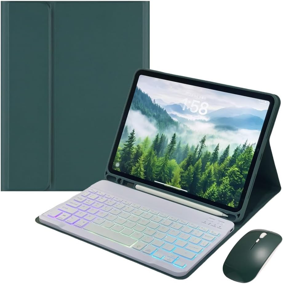 for iPad 11th (A16,2025) 11-inch, iPad 10th Gen 10.9 Inch 2022 Keyboard Case with Mouse and Rainbow Backlit Magnetic Detachable Bluetooth Keyboard Cover,Dark Green+White