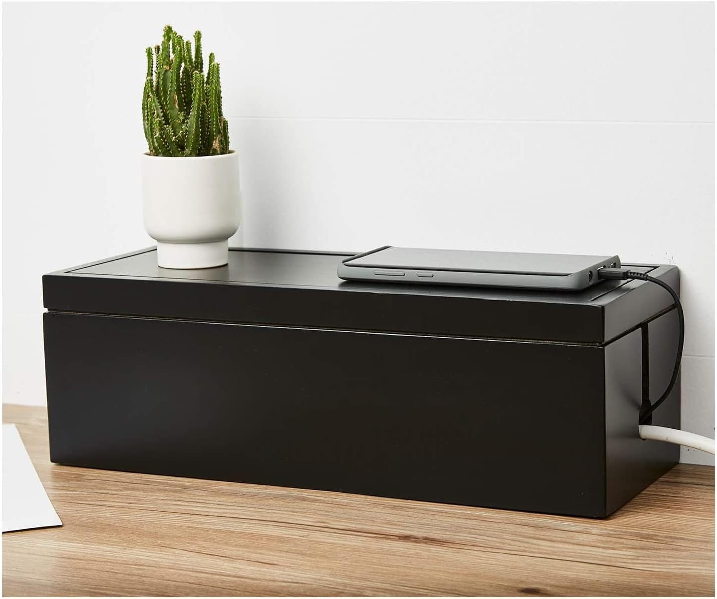 Changsuo Cable Management Box Wooden Cord Organizer Box for Extension Cord Power Stripe Surge Protector Wire Management Concealer Organizer Cover Hider for Desktop Home Office Kitchen (Black)