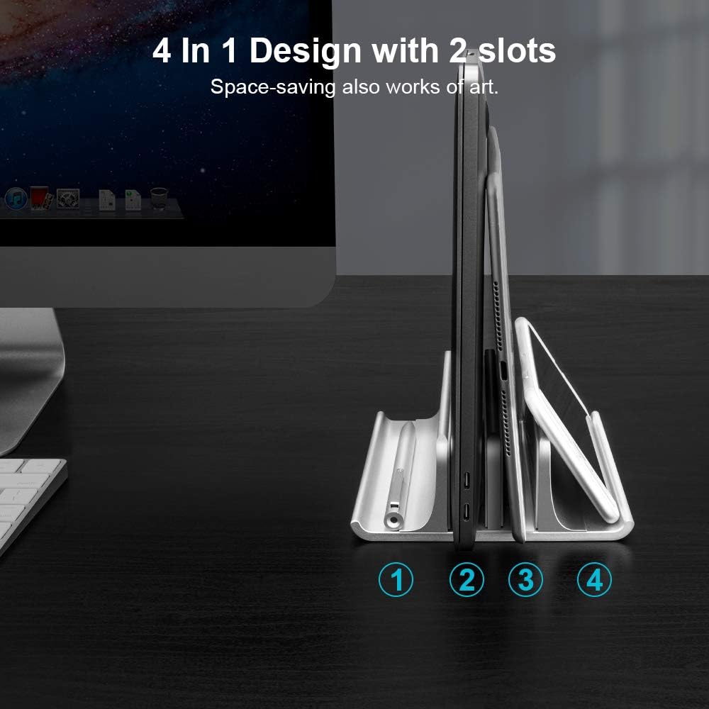 Vaydeer Aluminum Laptop Stand Double-Slot Adjustable Vertical Laptop Stand Newly Designed 2 Slot Desktop Holder for All MacBook/Chromebook/Surface/Dell/iPad Up to 17.3 Inches, Silver