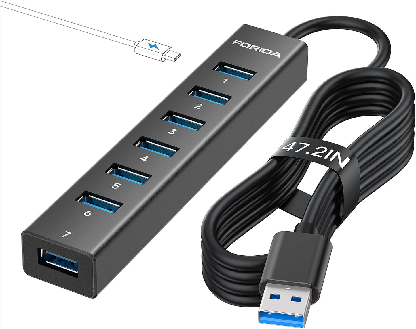 FORIDA Aluminum Alloy 8 Port USB Hub Long Cable USB Splitter with 7-USB3.0 Data Ports and TypeC 5V/3A Power Port Compatible with MacBook, Laptop,Surface Pro, PS5, PC and More (Black, USB A-47in)